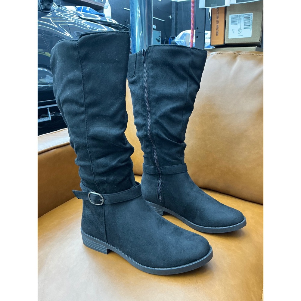 POP Chambers Tall Slouchy Boots Womens 8 Black Buckle Side Zip Low Heel
